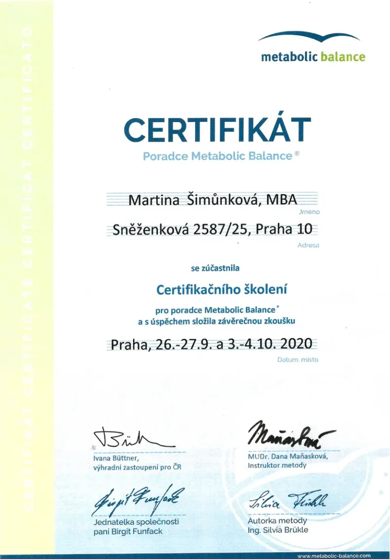 Certifikát Poradce Metabolic Balance - Martina Šimůnková, 2020