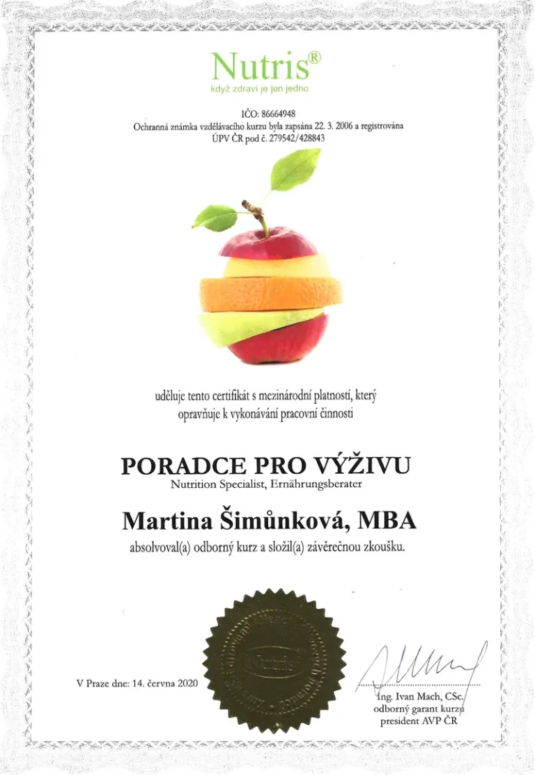 Certifikát Poradce pro výživu Nutris - Martina Šimůnková, 2020