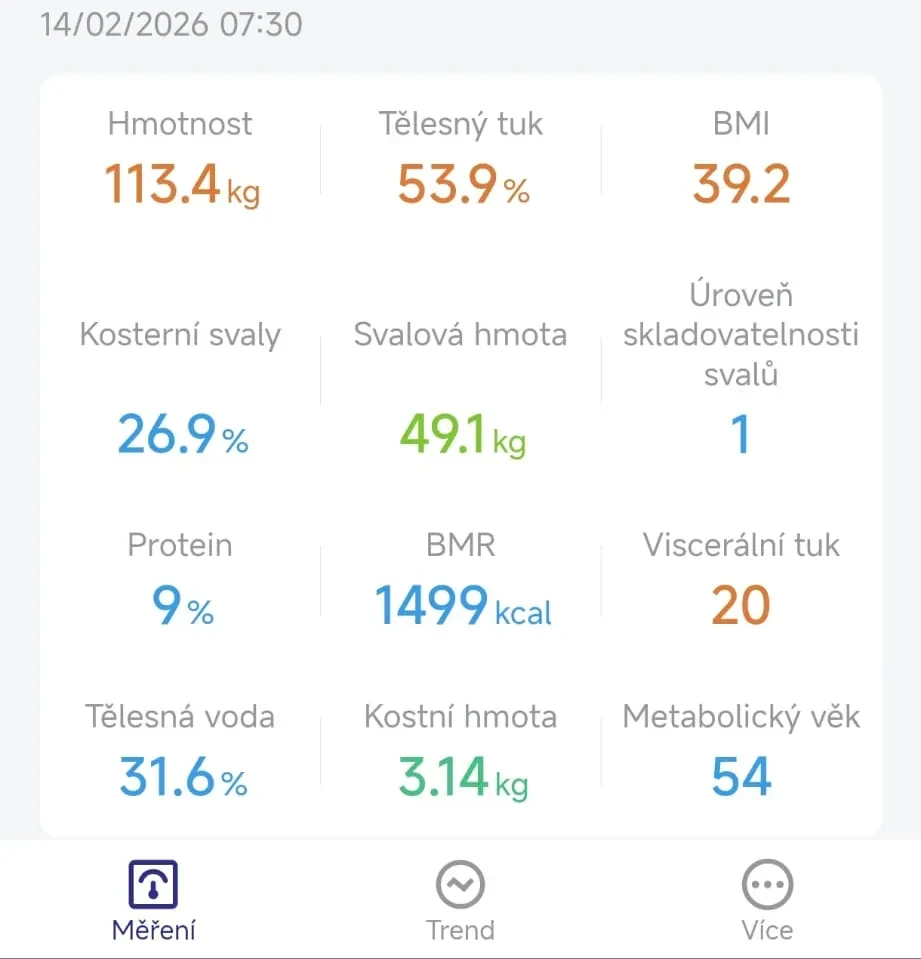 Snímek obrazovky s hodnotami z osobní váhy Klárky ze dne 14. 2. 2026 – první zvážení v deníku hubnutí