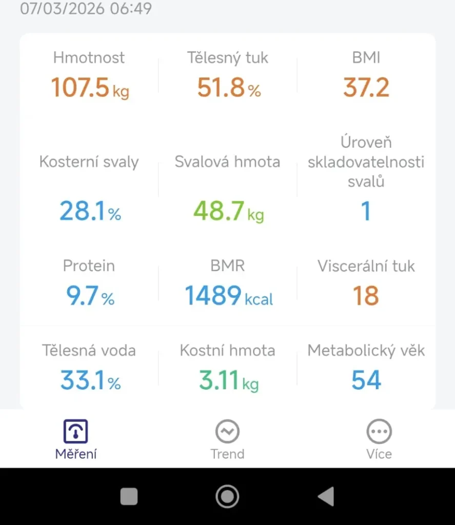 Hodnoty z osobní váhy Klárky ze dne 7. 3. 2026 – váha, tuk a svaly