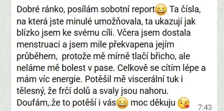 Zpráva od klientky Klárky ze dne 7. 3. 2026 o poklesu viscerálního tuku a nárůstu svalů