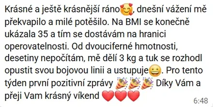 Zpráva od klientky Klárky ze dne 11. 4. 2026 o dosažení BMI 35 a ústupu tuku