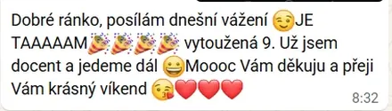 Zpráva od klientky Klárky ze dne 9. 5. 2026 s radostí z dosažení vytoužené hodnoty na váze