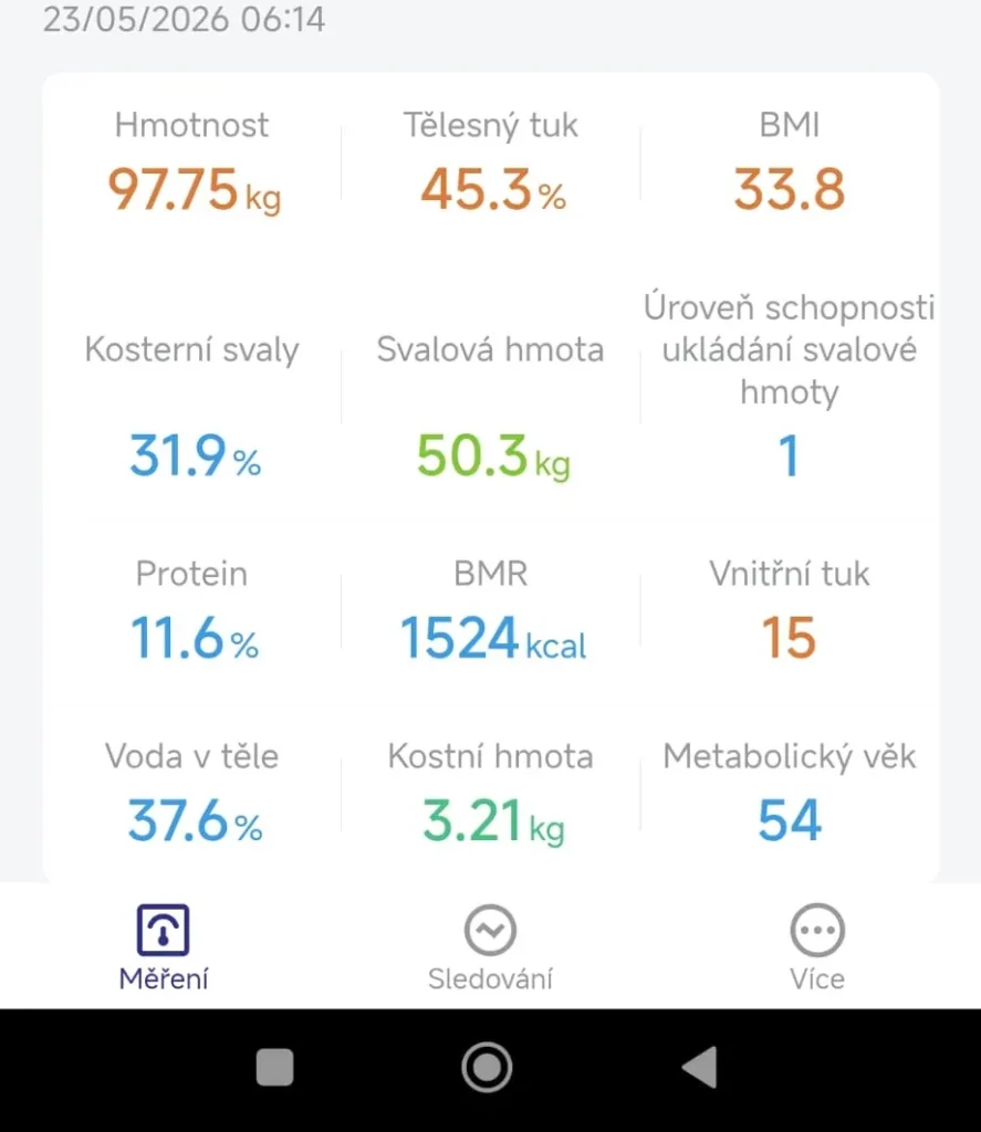 Hodnoty z osobní váhy Klárky ze dne 23. 5. 2026