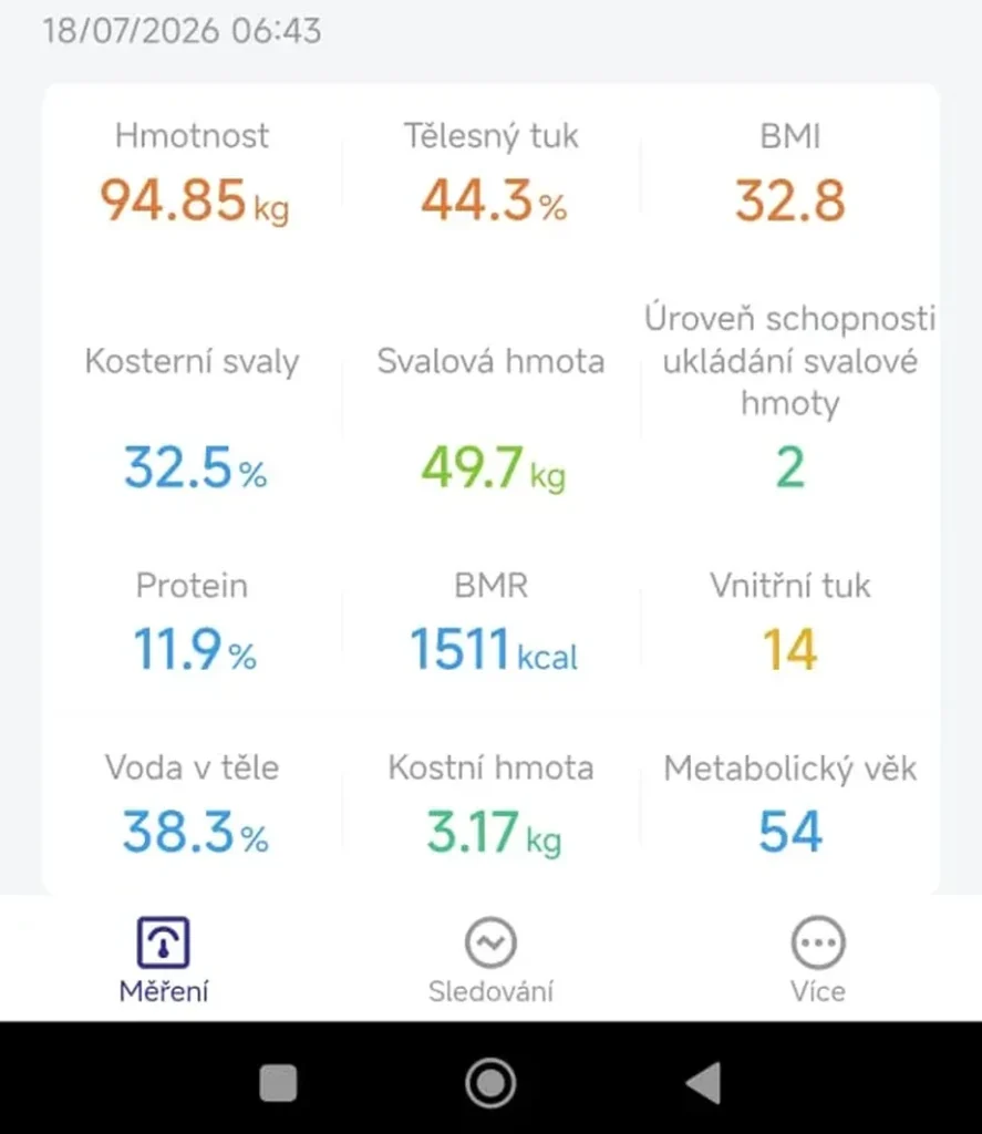 Hodnoty z osobní váhy Klárky ze dne 18. 7. 2026