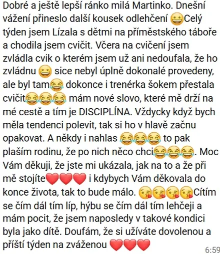 Zpráva od klientky Klárky ze dne 18. 7. 2026 o zvládnutém cviku a nalezené disciplíně