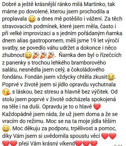 Zpráva od klientky Klárky ze dne 25. 7. 2026 o udržení váhy během dovolené